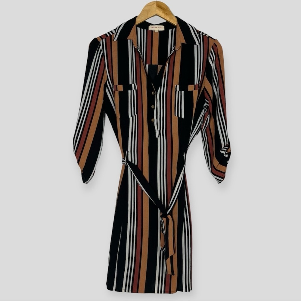 Urban Girl Stripe Shirt Dress Women's L 70's Pull Over Belted Roll Tab Sleeve
